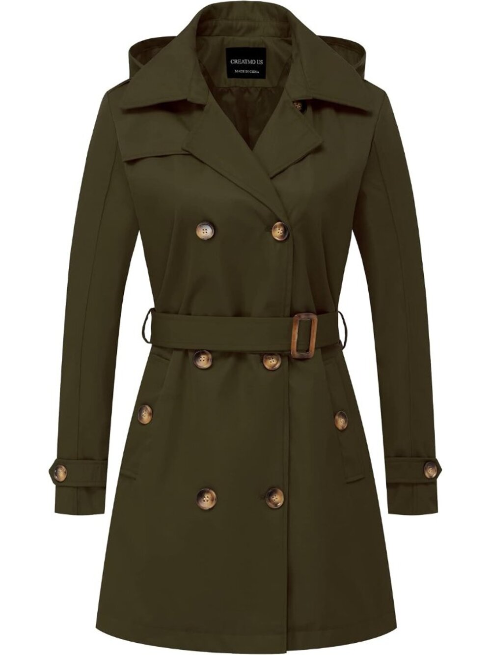 Womens Army Green Detachable Hood Cuff Sleeve Belted Double-Breasted Trench Coat